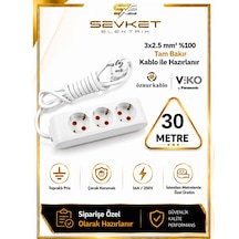 Viko 3'lü Grup Priz 30 Metre Beyaz 3x2,5 Kalın Kablolu Uzatma Kablosu 30 M