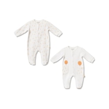 Babycosy Organic Wear %100 Organik Pamuk,2 Li Patikli Bebek Tulum Yenidoğan Uzun Kollu Çıtçıtlı Tulum Seti Unisex Bebek Ekru
