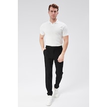 Erkek Beli Yarım Lastikli Pilili Gofre Slim Fit Pantolon Siyah Siyah