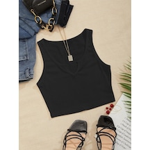 Liona V Yaka Siyah Renk Fitilli Crop Top Bluz Siyah