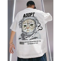 Unisex Oversize Astronot Cat Baskılı Beyaz T-shirt Beyaz-65397