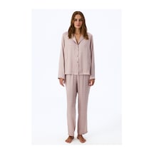 Penti Pastel Pembe Romantik Saten Slogan Desenli Uzun Kollu Gömlek Pantolon Pijama Takımı