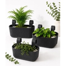 Modern Balkon Ve Küpeşte Saksısı 3,2 Litre Antrasit Plastik Askılı Dikdörtgen 3'lü Set