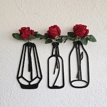 Kırmızı Gül Çiçekli Dekoratif Tablo 3 Lü Set - Siyah