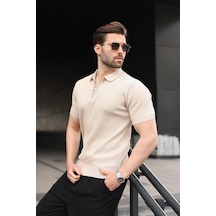 Madmext Taş Rengi Yarım Fermuar Detaylı Polo Yaka Triko Erkek Tişört E7492