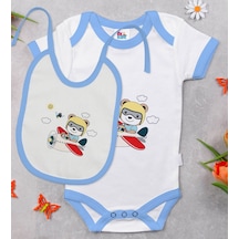 Bk Kids Sevimli Pilot Tasarımlı Mavi Bebek Body Zıbın Ve Mama Önl Çok Renkli