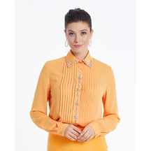 Kadın Taş Detaylı Gömlek Şık Düğme Ve Yaka İşlemeli Orange