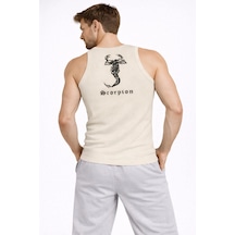 Barlashive Erkek Fitilli Atlet Sıfır Yaka Slim Fit Arka Baskılı Spor Atlet - Krem Çok Renkli