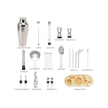 Electric 23 Parça Profesyonel Paslanmaz Çelik Kokteyl Çalkalayıcı Seti, Bambu Standlı, Gümüş