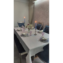 Valerium Simli Kırık Beyaz Masa Örtüsü 150 X 220 Kırmızı - Beyaz
