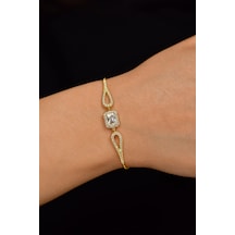 Zirkon Taşlı Gold Tektaş Baget Gümüş Bileklik B10031