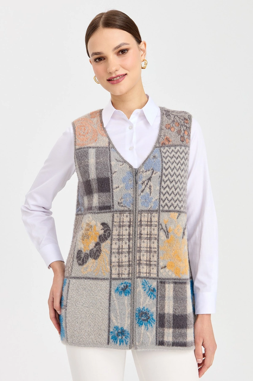 Desen Triko Kadın V Yaka Patchwork Yelek K.gri K.GRİ