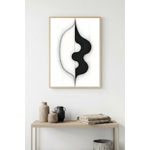 Doğal Ahşap Çerçeveli Soyut Siyah-beyaz Desenli Tablo - Minimal Huhu1193