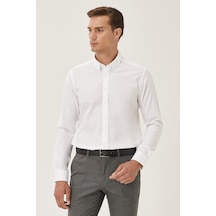 Ac&Co / Altınyıldız Classics Erkek Beyaz Ütü Gerektirmeyen Taılored Slim Fit Dar Kesim Düğmeli Yaka %100 Pamuk Gömlek Beyaz