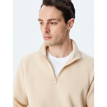 Koton Uzun Kollu Pamuk Karışımlı Basic Yarım Fermuarlı Sweatshirt Bej 5wam70255mk Ekru