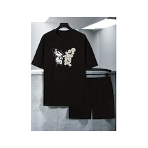 Uyguntarz Unisex Papatya Kelebek Tasarım Basklı Tshirt Şort Takımı Siyah