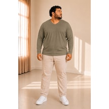 Sngl Tekstil Erkek Büyük Beden Oversize Uzun Kollu V Yaka T-shirt 3xl 4xl 5xl 6xl 7xl 8xl 9xl Haki