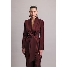 Sateen Kuşaklı Saten Ceket - Bordo-137007 Bordo