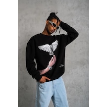 Barlashive Erkek Güvercin Baskılı 3 İplik Bisiklet Yaka İpamuklu Sweatshirt - Siyah Çok Renkli