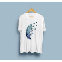 Oversize Kuş Tüyü Tasarım Unisex T-shirt Beyaz