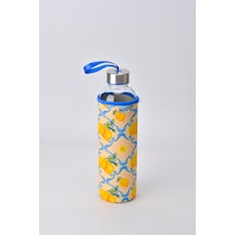 H2o Kılıflı Cam Su Şişesi Matara 750 Ml Limon Desenli Çelik Kapaklı Taşıma Askılı Korumalı Spor Okul Ofis Detoks Su Matarası Kırmızı