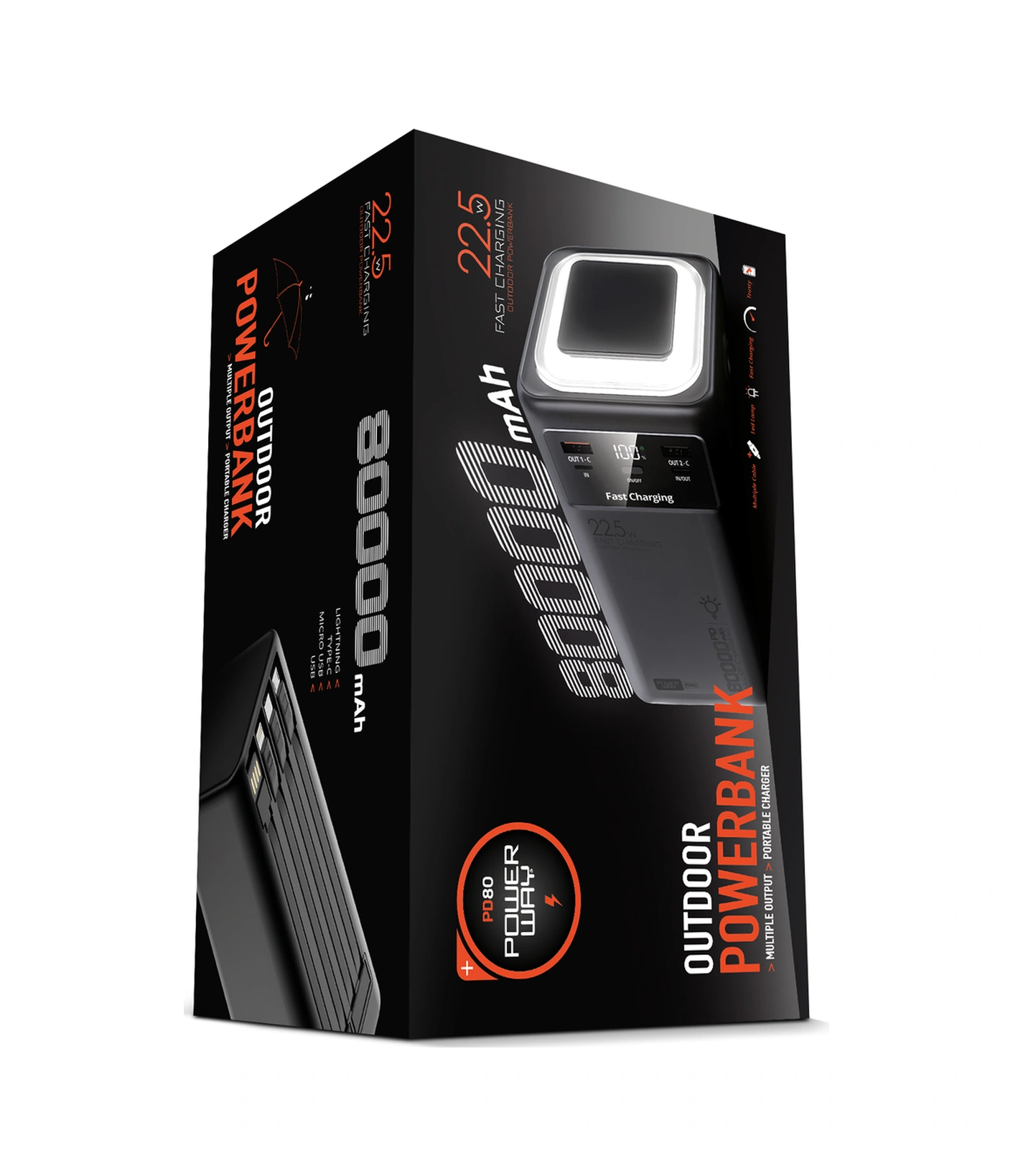 Powerway Pd80 Kamp Powerbank Gerçek 80.000 Mah Pd 22.5w Hızlı Şarj Led Fenerli Ve Dahili Kablolu Siyah