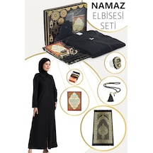 Siyah Kadın Pratik Başörtülü Fermuarlı Tek Parça Namaz Elbisesi Seccade Seti