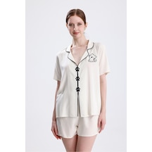 Kadın Kısa Kol Şortlu Kedi Desenli Nakışlı Pijama Takımı Çok Renkli
