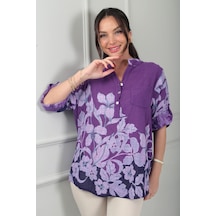 By Saygı Kadın Üç Düğme Detaylı Çiçek Desenli Tek Cepli İtalyan Cotton Oversize Bluz Mor