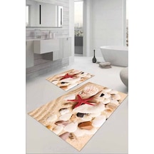 Bej Deniz Kabuklu Banyo Halısı Klozet 2'li Paspas Seti Bs028n11