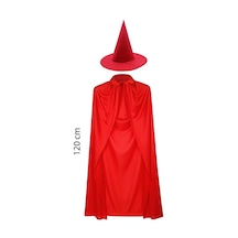 Yetişkin Boy 120 Cm Kırmızı Yakalı Pelerin Ve Kırmızı Cadı Şapkası