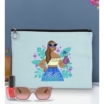 Bk Gift Yaz Temalı-3 Astarlı Açık Mavi Portföy Çanta 30x21cm, Baskılı El Çantası, Organizer Çanta