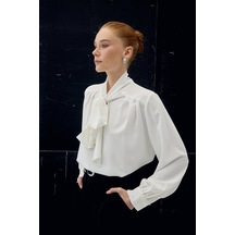 Sateen Aksesuar Detaylı Fularlı Bluz - Ekru-137041 Ekru