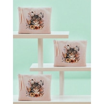 Çiçekli Kedi Baskılı 3'lü Makyaj Çantası 20x25 Cm - Kadın Doğum Günü Hediyesi Kadın Hediye Ürün