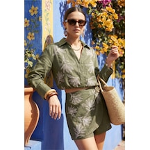 Fashion Cocktail Resif Nakış İşleme Toka Aplike Yan Fermuarlı Lastikli Yüksek Bel Yazlık Minimalist Crop Şort Takım Yeşil