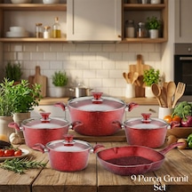 9 Parça Granit Set Cam Kapak - Kırmızı Kırmızı