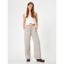 Koton Bol Paça Pantolon Beli Bağcıklı Cepli Standart Bel Ekru Çizgili 4sak40256ew Ekru