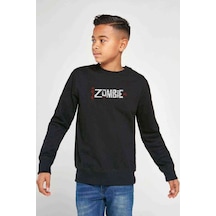Tshirthane Zombie Logo Baskılı Unisex Çocuk Siyah Sweatshirt Siyah