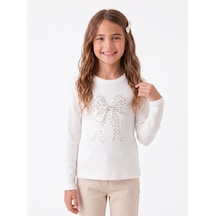 Onloox Kız Çocuk Ekru Kız Çocuk Ekru Kaşkorse Bisiklet Yaka Uzun Kollu Regular Fit Pullu Fiyonk Detaylı Tişört 9-12 Yaş