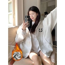 X X Yüz Fermuarlı Hırka Sweatshirt - Gri Baskılı Oversize Kışlık Kalın Kapüşonlu Gri