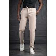 Perpant Beli Lastikli Ve İplikli Likralı Slimfit Yazlık Kumaş Jogger Pantolon Krem