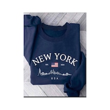Herkesemoda Newyork Baskılı 2 İplik Şardonlu Bisiklet Yaka Sweatshirt Lacivert