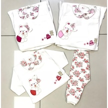 Candysbebe Çiçekli Ayılı Bebek Takımı 0-3 Ay Beyaz - Pembe
