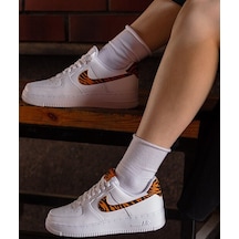 Nike Air Force 1 07 Af1 Leather White Unisex Snaker Hakiki Deri Spor Ayakkabı Beyaz Leopar Swoosh Turuncu