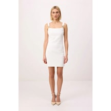 Benerly Kadın Kare Yaka Kolsuz A Kesim Mini Dokuma Elbise Elastanlı Rahat Ekru