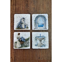 Doğal Taş Bardak Altlığı - Santoini Temalı 10x10cm Stone Coasters Çok Renkli