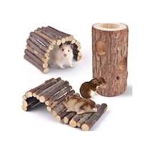 3lü Set Doğal Ahşap Merdiven Köprüsü Ve Orman Içi Boş Ağaç Gövdesi Hamster Egzersiz Kampı