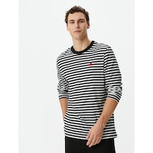 Koton Bisiklet Yaka Sweatshirt Çiçek Nakışlı Pamuklu Siyah Çizgili 4wpm70001hk Siyah