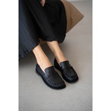 Selin Shoes Blaine Hakiki Deri Büzgülü Küt Burun Kadın Loafer- Siyah Deri