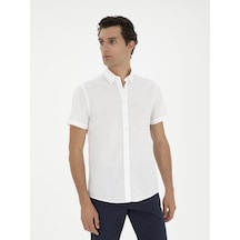 Cacharel Beyaz Slim Fit Keten Karışımlı Kısakol Gömlek